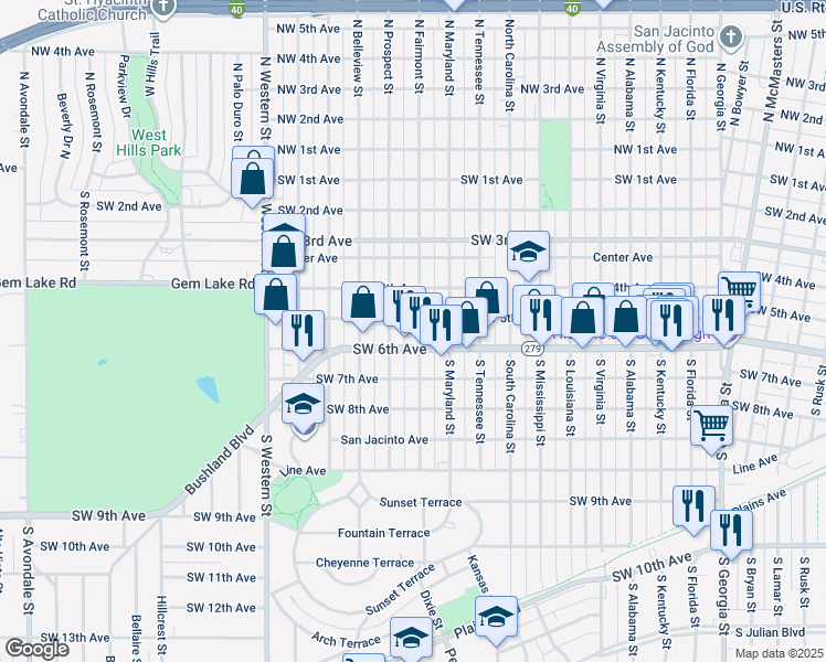 map of restaurants, bars, coffee shops, grocery stores, and more near 504 South Fairmont Street in Amarillo