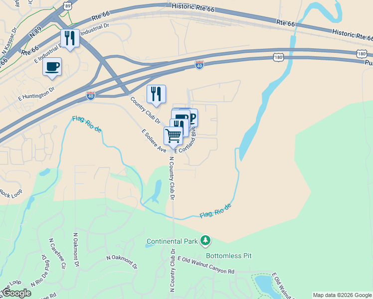 map of restaurants, bars, coffee shops, grocery stores, and more near 5205 East Cortland Boulevard in Flagstaff