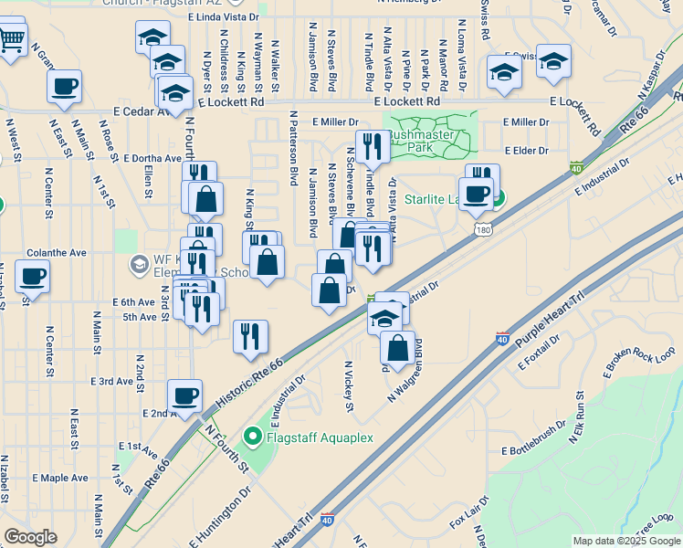 map of restaurants, bars, coffee shops, grocery stores, and more near 2809 East Lewis Drive in Flagstaff