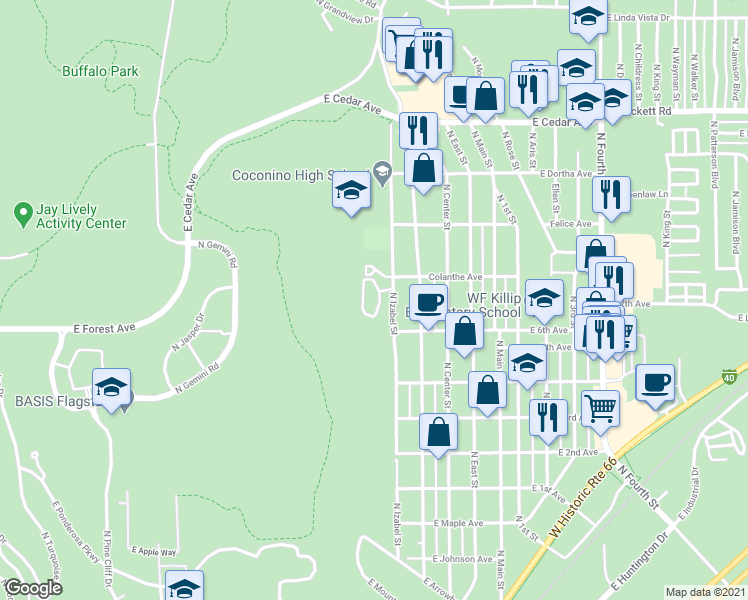 map of restaurants, bars, coffee shops, grocery stores, and more near 2303 North Izabel Street in Flagstaff