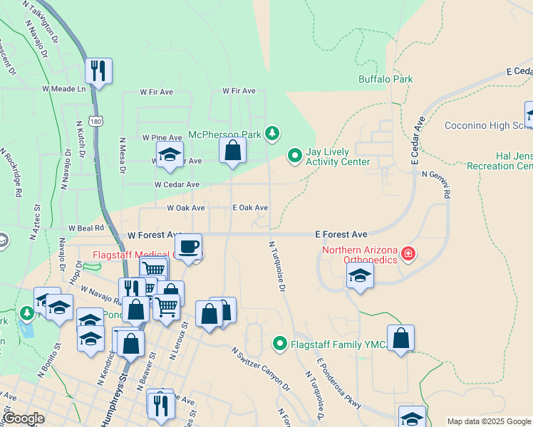 map of restaurants, bars, coffee shops, grocery stores, and more near 1509 North Turquoise Drive in Flagstaff