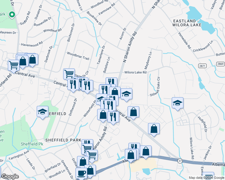 map of restaurants, bars, coffee shops, grocery stores, and more near 4923 Central Avenue in Charlotte
