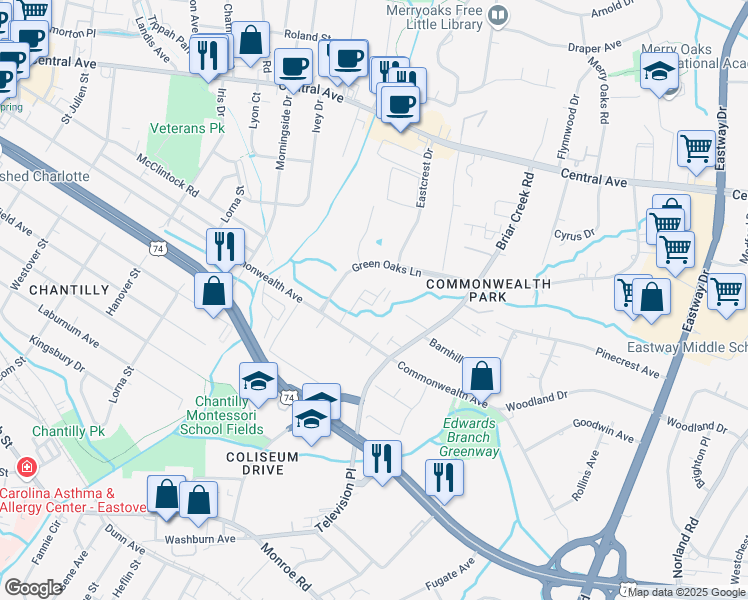 map of restaurants, bars, coffee shops, grocery stores, and more near 1330 Green Oaks Lane in Charlotte