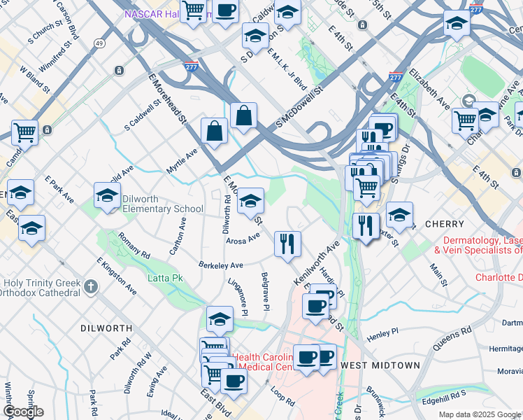map of restaurants, bars, coffee shops, grocery stores, and more near 1043e East Morehead Street in Charlotte