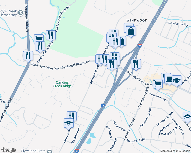 map of restaurants, bars, coffee shops, grocery stores, and more near in Cleveland