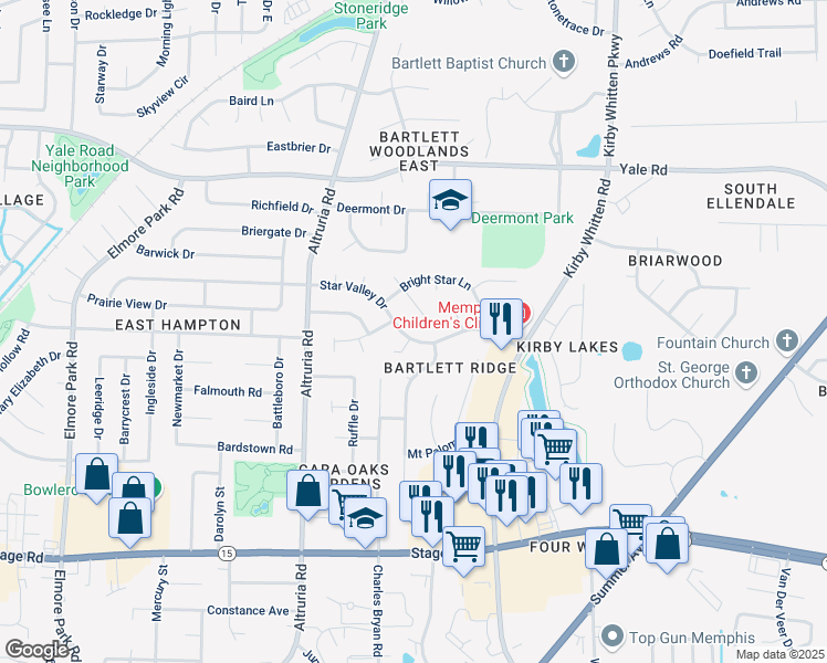 map of restaurants, bars, coffee shops, grocery stores, and more near 3185 Star Gaze Cove in Bartlett