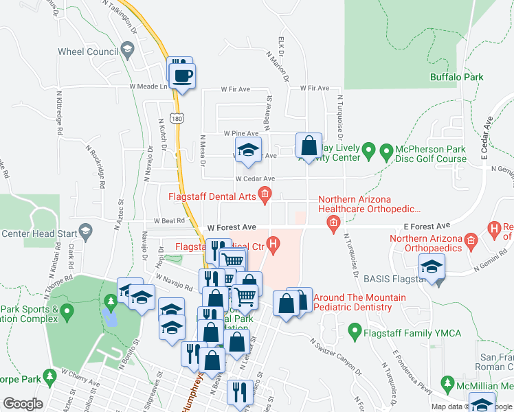 map of restaurants, bars, coffee shops, grocery stores, and more near 219 West Oak Avenue in Flagstaff
