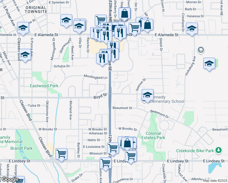 map of restaurants, bars, coffee shops, grocery stores, and more near 1201 Dustin Drive in Norman