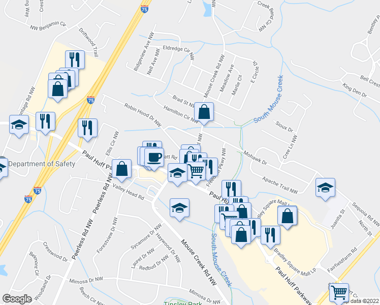 map of restaurants, bars, coffee shops, grocery stores, and more near 910 Robin Hood Dr NW in Cleveland