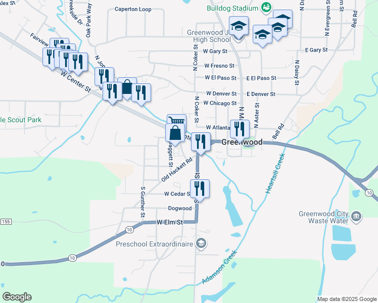 map of restaurants, bars, coffee shops, grocery stores, and more near 250 Old Hackett Road in Greenwood