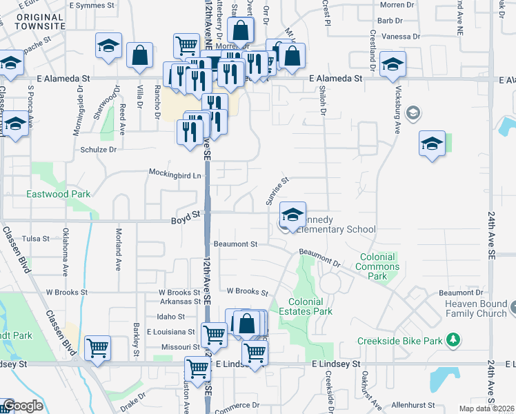 map of restaurants, bars, coffee shops, grocery stores, and more near 1406 Abbey Drive in Norman