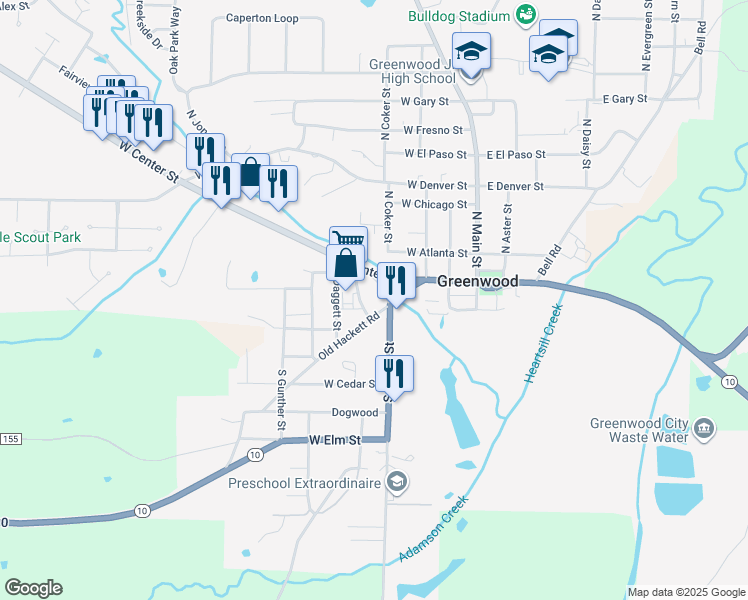 map of restaurants, bars, coffee shops, grocery stores, and more near 250 Old Hackett Road in Greenwood
