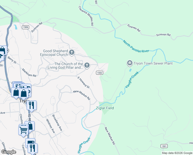 map of restaurants, bars, coffee shops, grocery stores, and more near 70 Lyle Street in Tryon