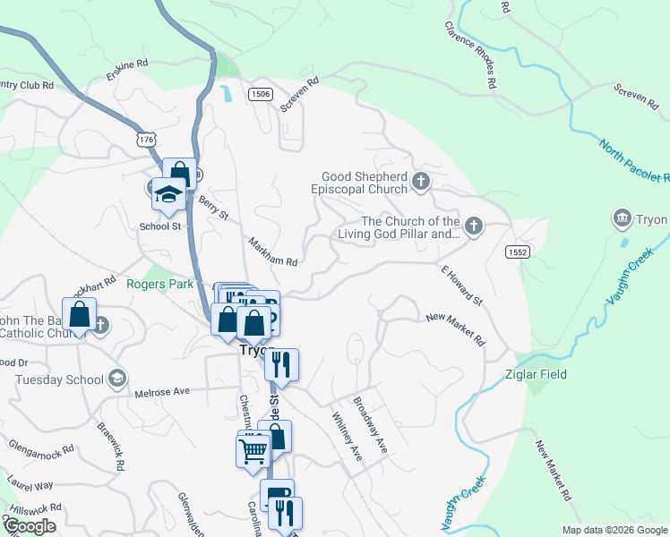 map of restaurants, bars, coffee shops, grocery stores, and more near 214 Cleveland Road in Tryon