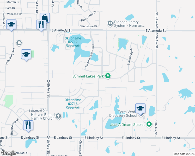 map of restaurants, bars, coffee shops, grocery stores, and more near 2704 Summit Crossing Parkway in Norman