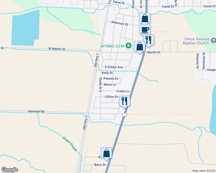 map of restaurants, bars, coffee shops, grocery stores, and more near 203 Pamela Dr in Wynne