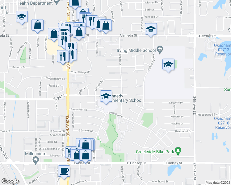 map of restaurants, bars, coffee shops, grocery stores, and more near 1621 East Boyd Street in Norman