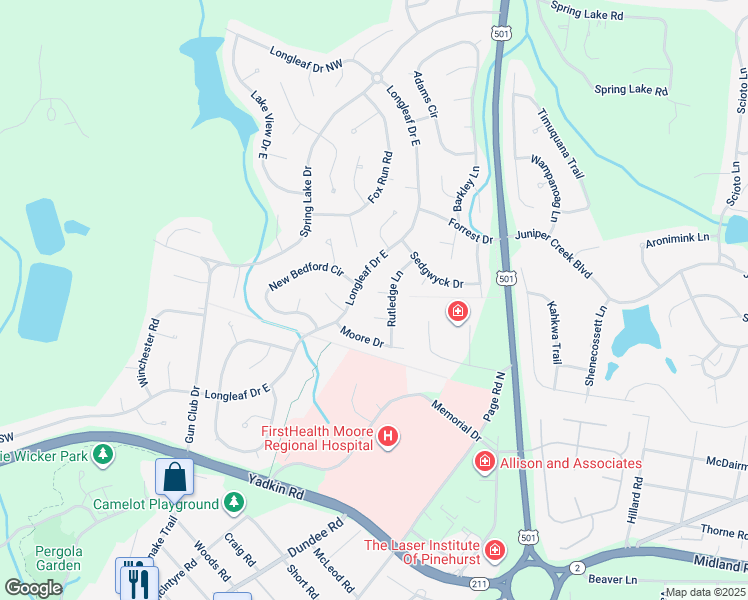 map of restaurants, bars, coffee shops, grocery stores, and more near 2 Lima Court in Pinehurst