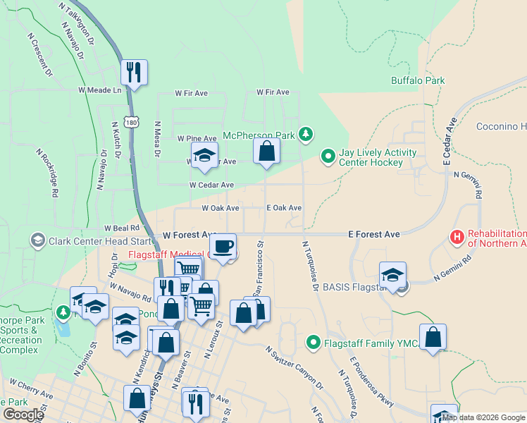 map of restaurants, bars, coffee shops, grocery stores, and more near 1508 North San Francisco Street in Flagstaff