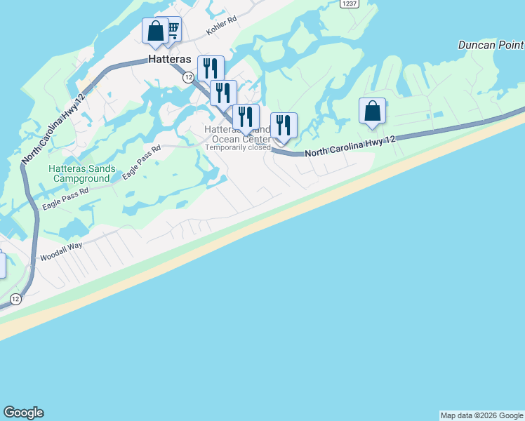 map of restaurants, bars, coffee shops, grocery stores, and more near 57042 Lighthouse Road in Hatteras