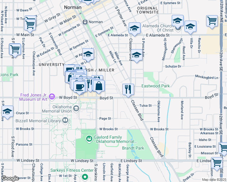 map of restaurants, bars, coffee shops, grocery stores, and more near 227 McCullough Street in Norman