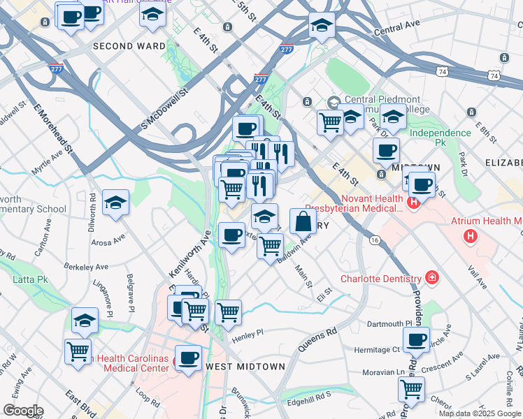 map of restaurants, bars, coffee shops, grocery stores, and more near 345 South Kings Drive in Charlotte