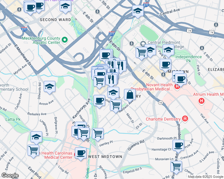 map of restaurants, bars, coffee shops, grocery stores, and more near 345 South Kings Drive in Charlotte
