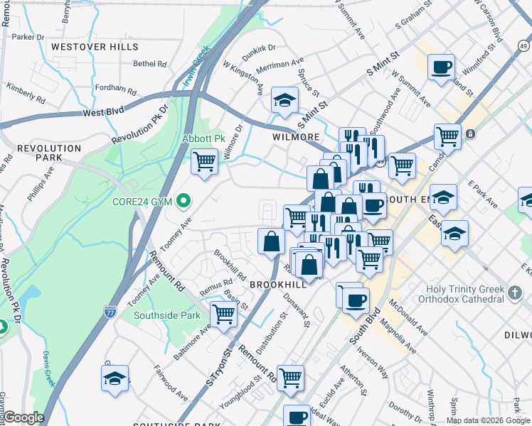 map of restaurants, bars, coffee shops, grocery stores, and more near in Charlotte