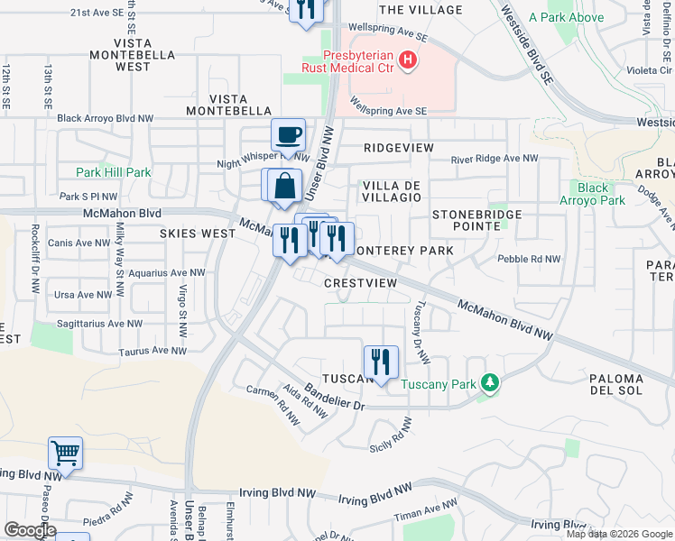 map of restaurants, bars, coffee shops, grocery stores, and more near 5700 McMahon Boulevard Northwest in Albuquerque