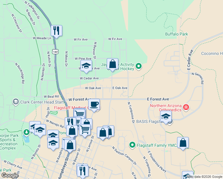 map of restaurants, bars, coffee shops, grocery stores, and more near 1508 North San Francisco Street in Flagstaff