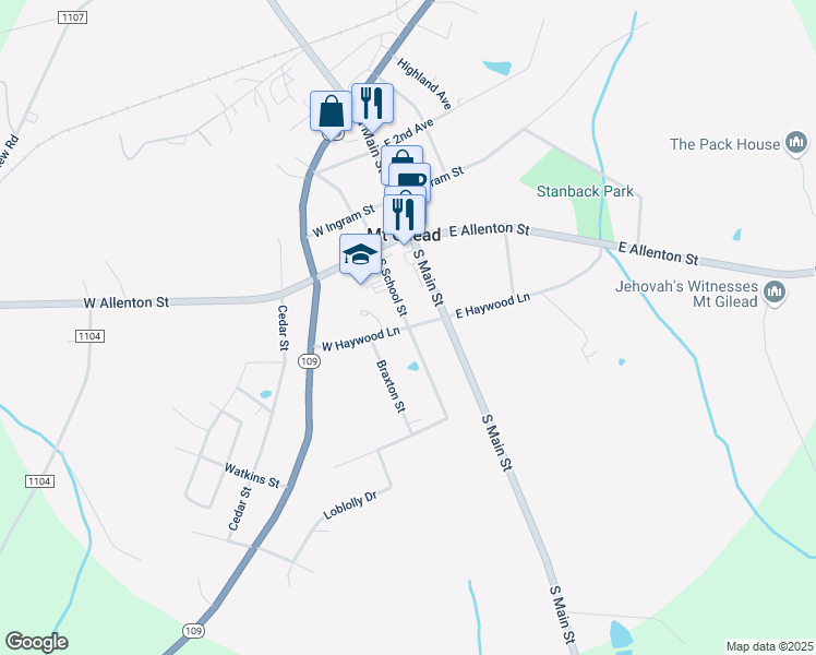 map of restaurants, bars, coffee shops, grocery stores, and more near South School Street in Mount Gilead
