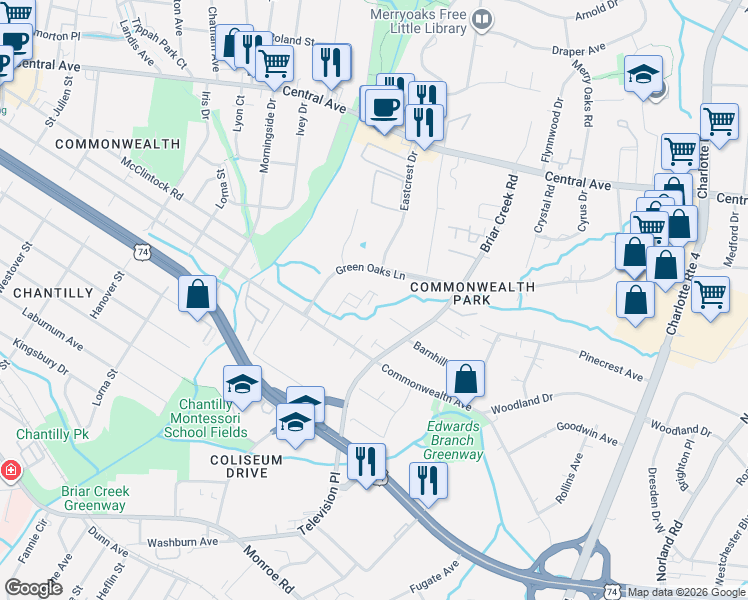 map of restaurants, bars, coffee shops, grocery stores, and more near 1410 Green Oaks Lane in Charlotte