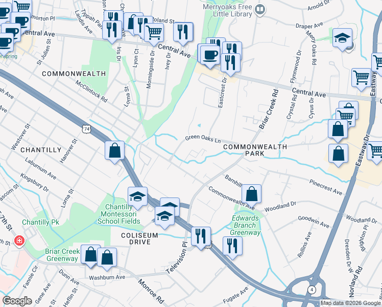map of restaurants, bars, coffee shops, grocery stores, and more near in Charlotte