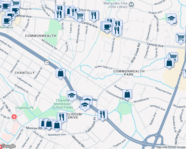 map of restaurants, bars, coffee shops, grocery stores, and more near in Charlotte