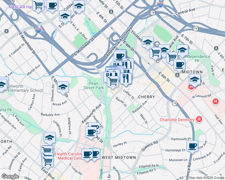 map of restaurants, bars, coffee shops, grocery stores, and more near 1111 Metropolitan Avenue in Charlotte