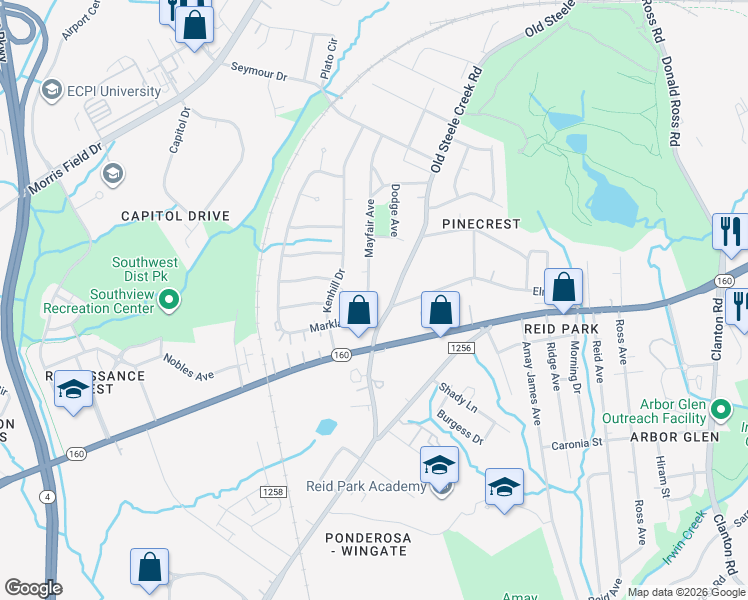 map of restaurants, bars, coffee shops, grocery stores, and more near 2812 Mayfair Avenue in Charlotte