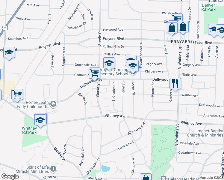 map of restaurants, bars, coffee shops, grocery stores, and more near 3181 Saint Charles Drive in Memphis