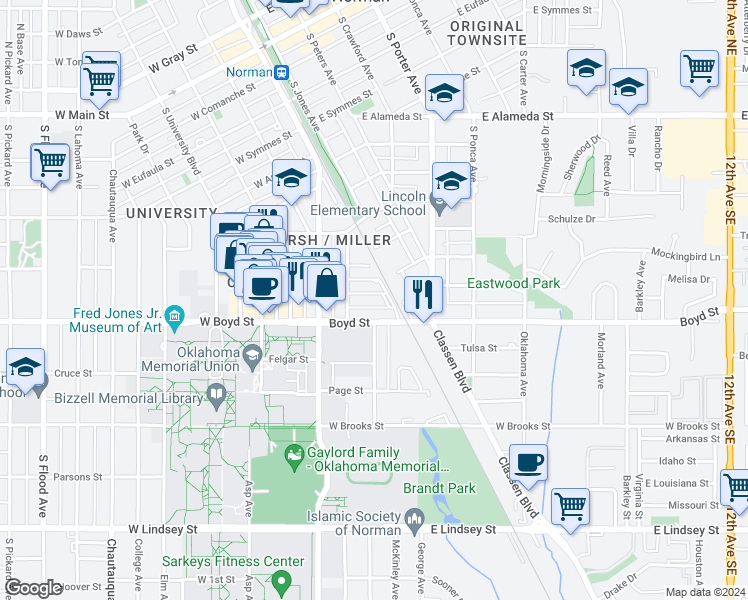 map of restaurants, bars, coffee shops, grocery stores, and more near 227 McCullough Street in Norman