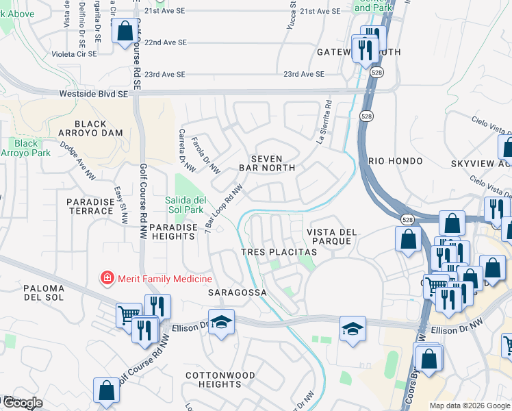 map of restaurants, bars, coffee shops, grocery stores, and more near 4220 Montera Place Northwest in Albuquerque