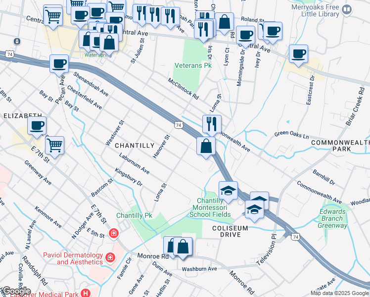 map of restaurants, bars, coffee shops, grocery stores, and more near 2540 Shenandoah Avenue in Charlotte