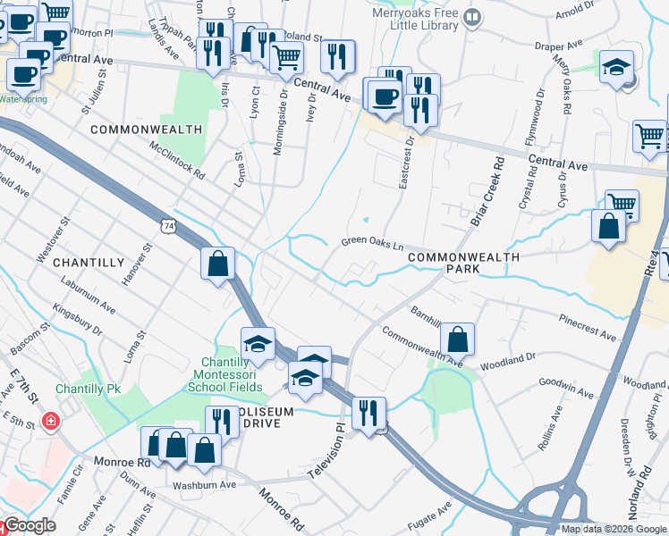 map of restaurants, bars, coffee shops, grocery stores, and more near 1215 Green Oaks Lane in Charlotte