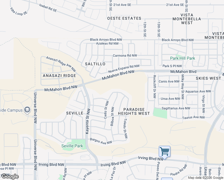 map of restaurants, bars, coffee shops, grocery stores, and more near 5905 Soria Avenue Northwest in Albuquerque