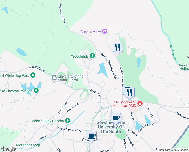 map of restaurants, bars, coffee shops, grocery stores, and more near 62 Abbott Martin Lane in Sewanee