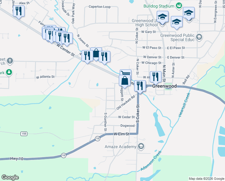 map of restaurants, bars, coffee shops, grocery stores, and more near 375 Burgess Drive in Greenwood