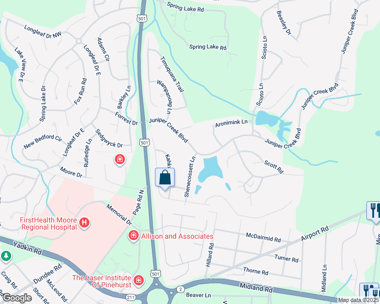 map of restaurants, bars, coffee shops, grocery stores, and more near 20 Juniper Creek Boulevard in Pinehurst