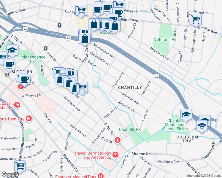 map of restaurants, bars, coffee shops, grocery stores, and more near 2239 Laburnum Avenue in Charlotte