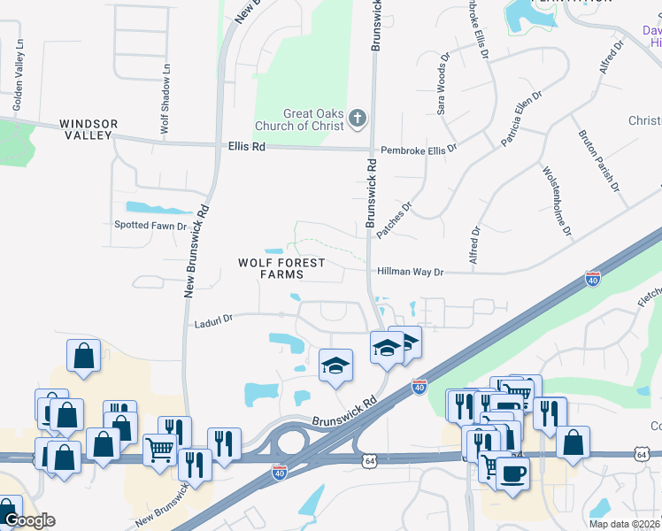 map of restaurants, bars, coffee shops, grocery stores, and more near 8758 Brunswick Forest Drive in Memphis