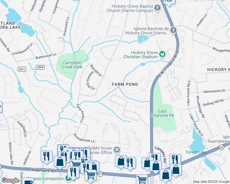 map of restaurants, bars, coffee shops, grocery stores, and more near 5407 2 Moons Drive in Charlotte