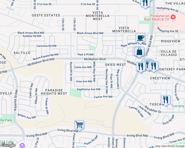 map of restaurants, bars, coffee shops, grocery stores, and more near 10720 Neptune Street Northwest in Albuquerque