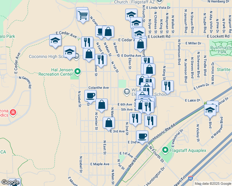 map of restaurants, bars, coffee shops, grocery stores, and more near 2420 North Main Street in Flagstaff